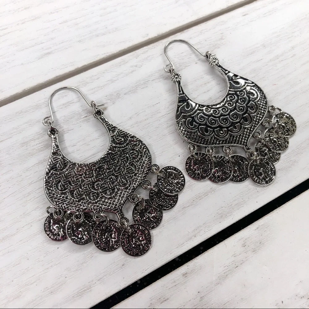 Sky Vintage Silver Tone Bohemian Coin Metal Drop Earrings - Picture 2 of 3